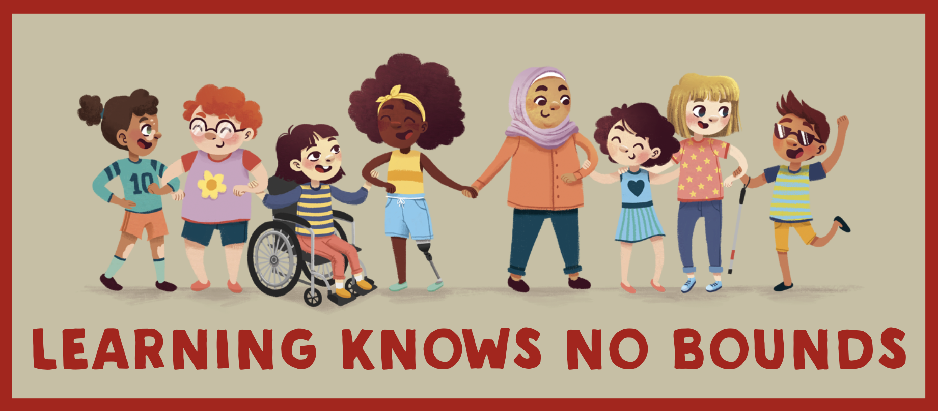 Learning knows no bounds. Image of a range of young people holding hands cartoon.